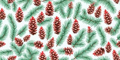 The primary subject of the image is a pattern of pine trees. The setting is a white background, and the visual style is a digital art or illustration. The dominant colors are red and green, creating a warm and festive atmosphere.